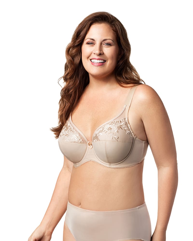 Front of a model wearing a size 42K Embroidered Microfiber Underwire Bra in Beige by Elila. | dia_product_style_image_id:321940